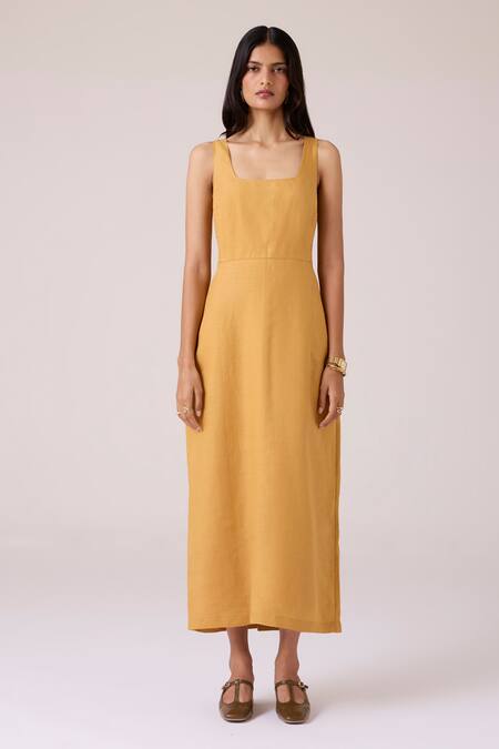 The Summer House_Mustard Linen Smocking Square Neck Glasswing Dress _Online_at_Aza_Fashions