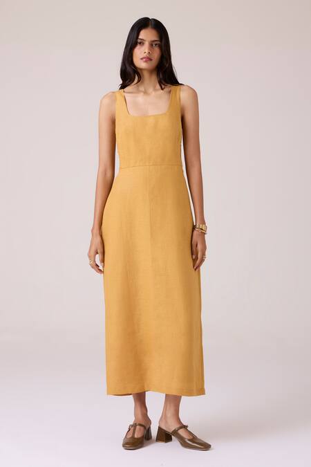 Buy_The Summer House_Mustard Linen Smocking Square Neck Glasswing Dress _Online_at_Aza_Fashions