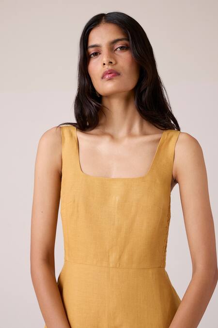 Shop_The Summer House_Mustard Linen Smocking Square Neck Glasswing Dress _Online_at_Aza_Fashions