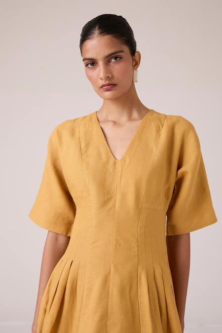 The Summer House_Mustard Linen V-neck Selene Dress _Online_at_Aza_Fashions