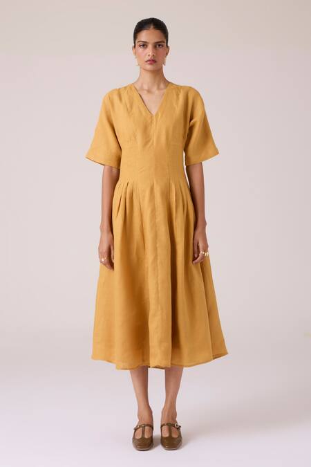 Buy_The Summer House_Mustard Linen V-neck Selene Dress _Online_at_Aza_Fashions