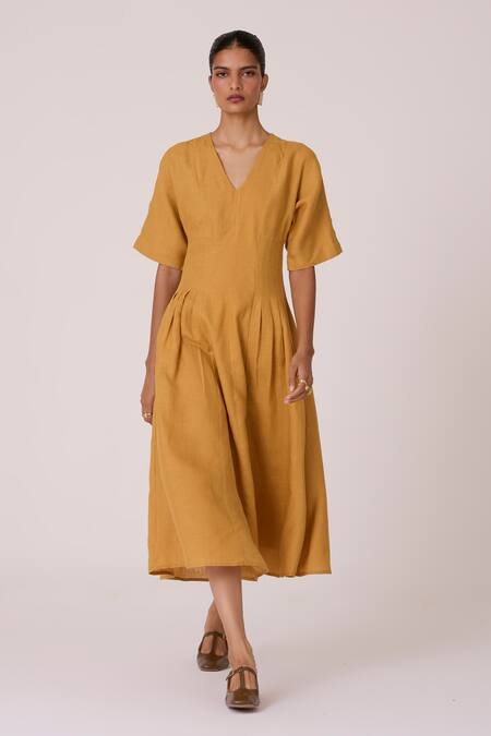 Shop_The Summer House_Mustard Linen V-neck Selene Dress _Online_at_Aza_Fashions