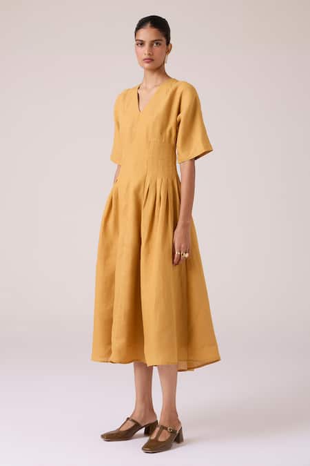 The Summer House_Mustard Linen V-neck Selene Dress _at_Aza_Fashions