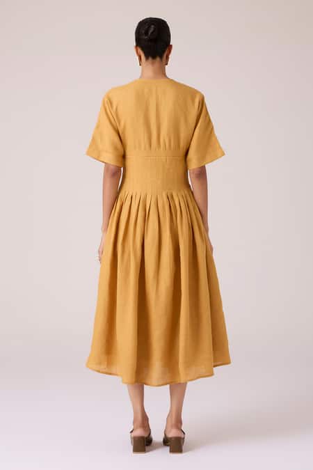 The Summer House Selene Mustard Linen Dress 