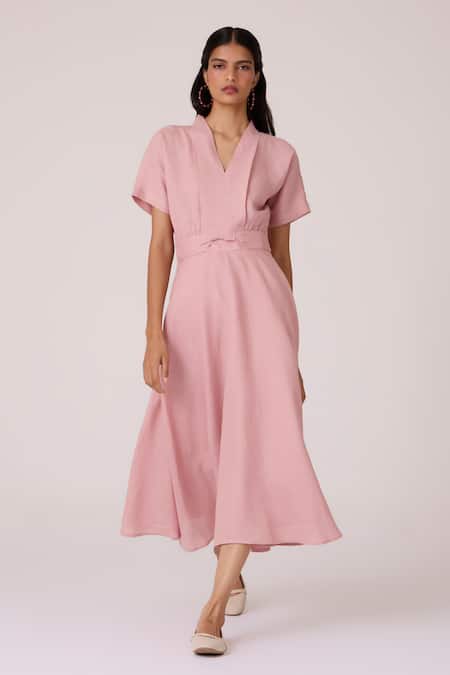 The Summer House Pink Linen V-neck Miyake Rose Dress Online at Aza Fashions The Summer House_Pink Linen V-neck Miyake Rose Dress _Online_at_Aza_Fashions