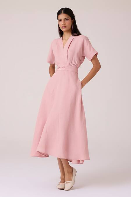 Buy The Summer House Pink Linen V-neck Miyake Rose Dress Online at Aza Fashions Buy_The Summer House_Pink Linen V-neck Miyake Rose Dress _Online_at_Aza_Fashions