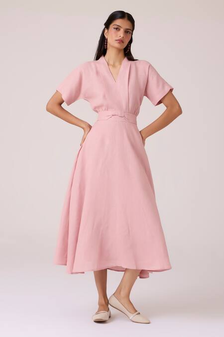 Shop The Summer House Pink Linen V-neck Miyake Rose Dress Online at Aza Fashions Shop_The Summer House_Pink Linen V-neck Miyake Rose Dress _Online_at_Aza_Fashions