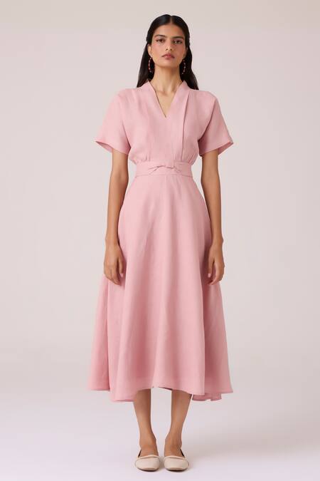 The Summer House Pink Linen V-neck Miyake Rose Dress at Aza Fashions The Summer House_Pink Linen V-neck Miyake Rose Dress _at_Aza_Fashions