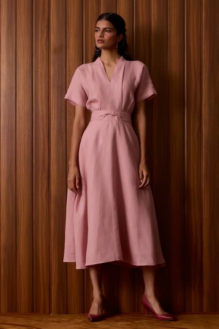 Buy The Summer House Pink Linen V-neck Miyake Rose Dress Buy_The Summer House_Pink Linen V-neck Miyake Rose Dress