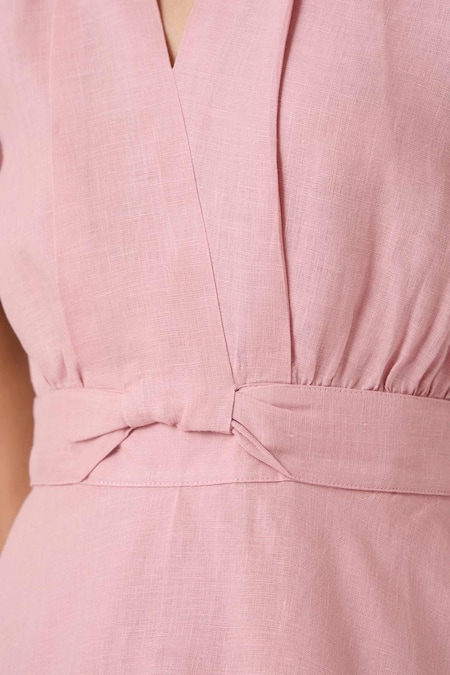 Shop The Summer House Pink Linen V-neck Miyake Rose Dress Shop_The Summer House_Pink Linen V-neck Miyake Rose Dress