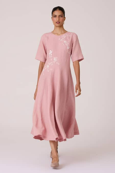 The Summer House Pink Linen Embroidery Round Neck Astral Rose Dress 