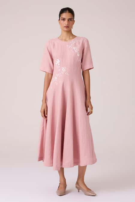 The Summer House_Pink Linen Embroidery Round Neck Astral Rose Dress _Online_at_Aza_Fashions
