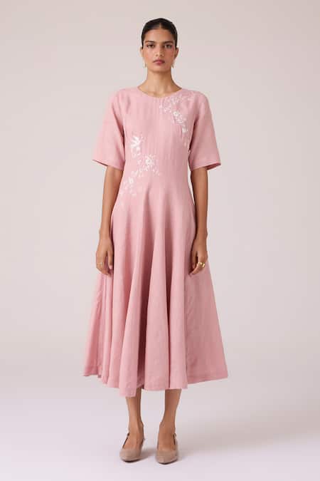 Buy_The Summer House_Pink Linen Embroidery Round Neck Astral Rose Dress _Online_at_Aza_Fashions