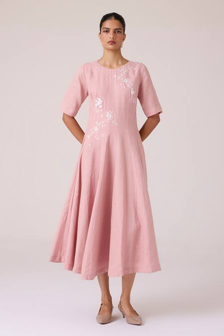 Shop_The Summer House_Pink Linen Embroidery Round Neck Astral Rose Dress _Online_at_Aza_Fashions