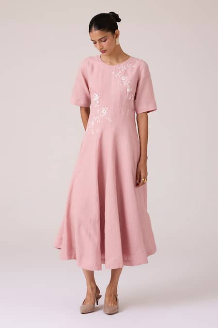 The Summer House_Pink Linen Embroidery Round Neck Astral Rose Dress _at_Aza_Fashions