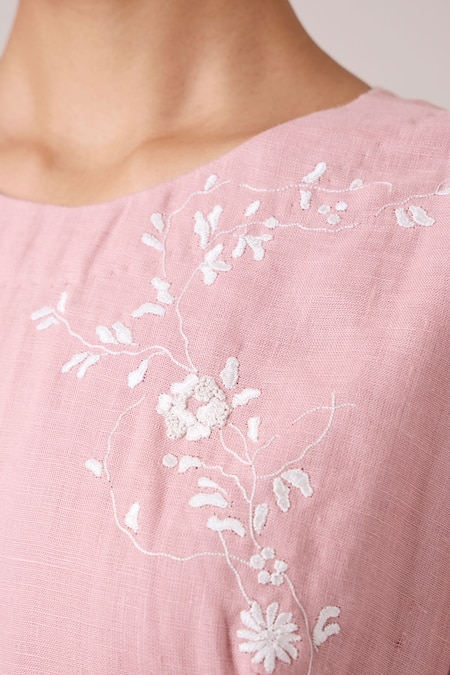 Buy_The Summer House_Pink Linen Embroidery Round Neck Astral Rose Dress 