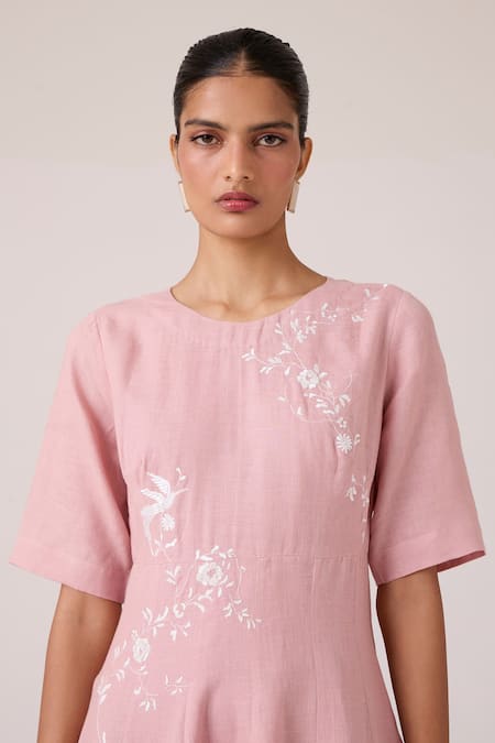 Shop_The Summer House_Pink Linen Embroidery Round Neck Astral Rose Dress 