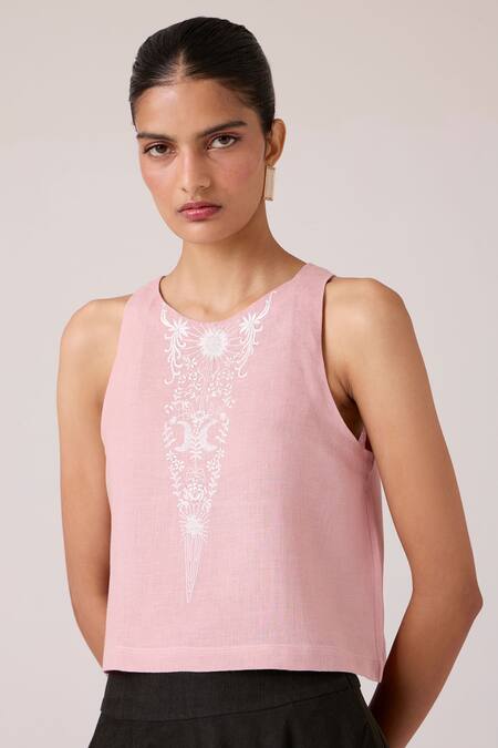 Buy The Summer House Pink Linen Embroidery Round Neck Evora Rose Top Online at Aza Fashions Buy_The Summer House_Pink Linen Embroidery Round Neck Evora Rose Top _Online_at_Aza_Fashions