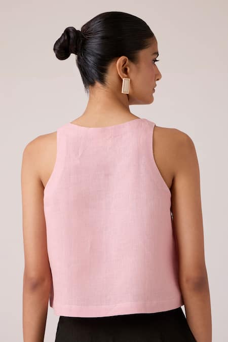 Shop The Summer House Pink Linen Embroidery Round Neck Evora Rose Top at Aza Fashions Shop_The Summer House_Pink Linen Embroidery Round Neck Evora Rose Top _at_Aza_Fashions