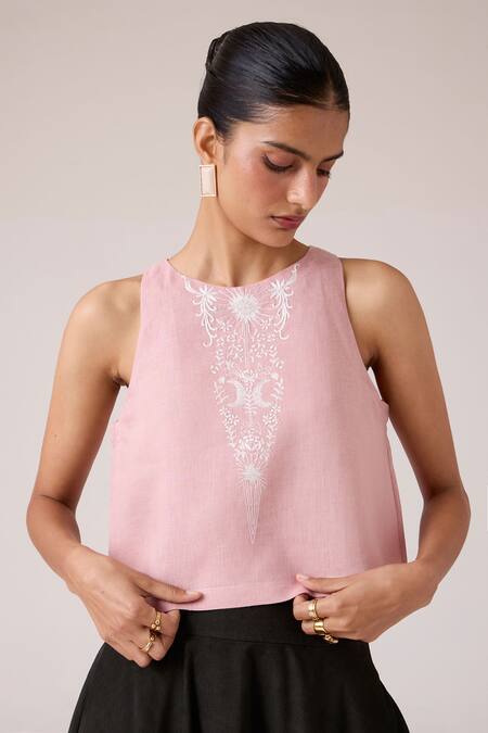 Shop The Summer House Pink Linen Embroidery Round Neck Evora Rose Top Online at Aza Fashions Shop_The Summer House_Pink Linen Embroidery Round Neck Evora Rose Top _Online_at_Aza_Fashions