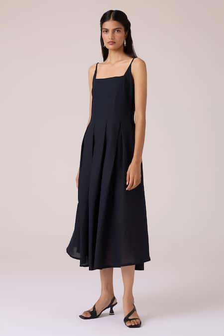 The Summer House_Black Linen, Cotton Square Neck Eos Midi Dress _Online_at_Aza_Fashions
