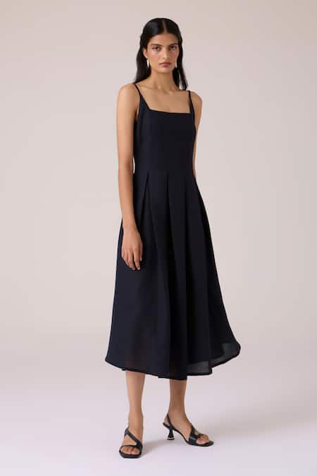 Buy_The Summer House_Black Linen, Cotton Square Neck Eos Midi Dress _Online_at_Aza_Fashions
