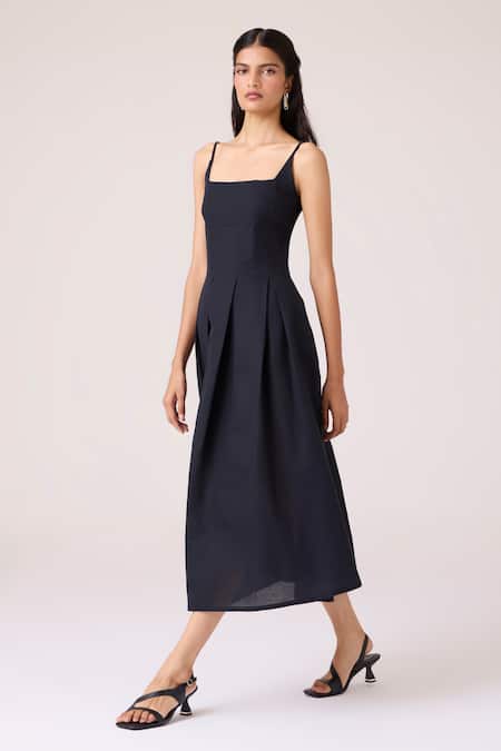 Shop_The Summer House_Black Linen, Cotton Square Neck Eos Midi Dress _Online_at_Aza_Fashions
