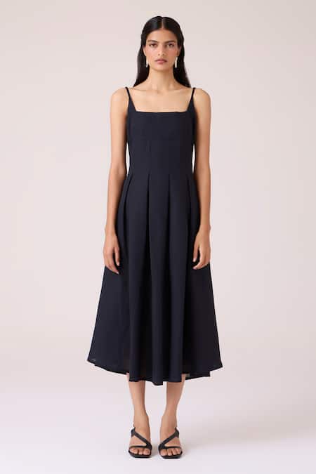 The Summer House_Black Linen, Cotton Square Neck Eos Midi Dress _at_Aza_Fashions