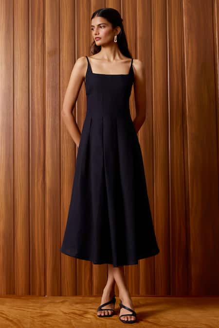 The Summer House Black Linen, Cotton Square Neck Eos Midi Dress 