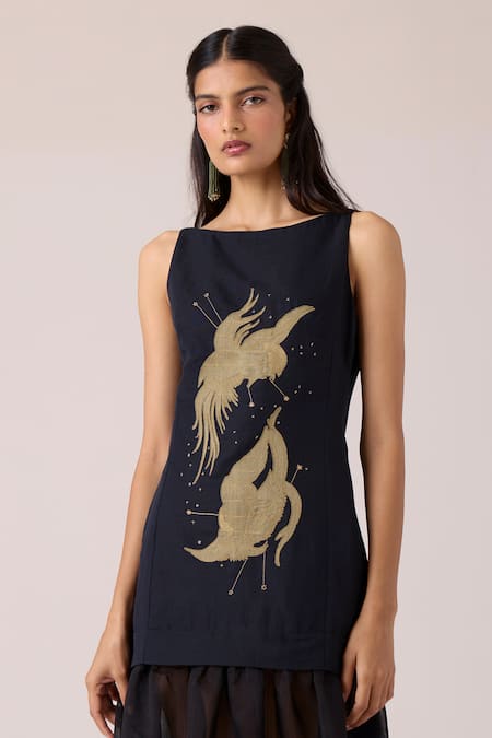 The Summer House_Black Linen, Cotton, Chanderi Embroidery Boat Neck Astra Maxi Dress _Online_at_Aza_Fashions