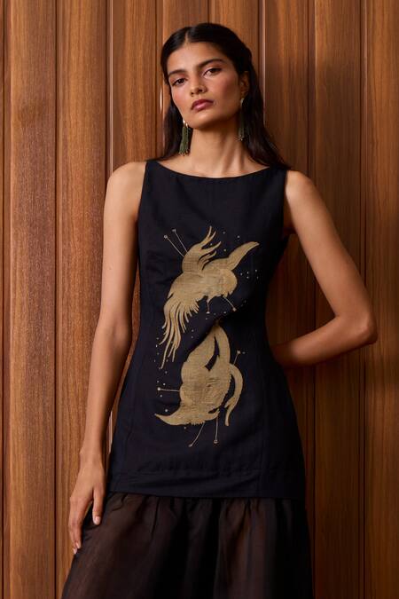 Buy_The Summer House_Black Linen, Cotton, Chanderi Embroidery Boat Neck Astra Maxi Dress 