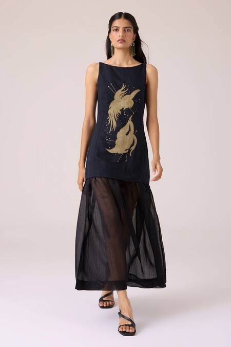 Shop_The Summer House_Black Linen, Cotton, Chanderi Embroidery Boat Neck Astra Maxi Dress 