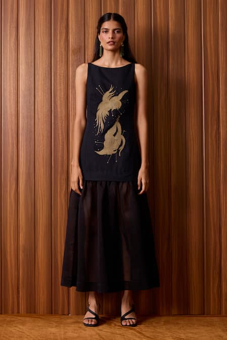 The Summer House Black Linen, Cotton, Chanderi Embroidery Boat Neck Astra Maxi Dress 