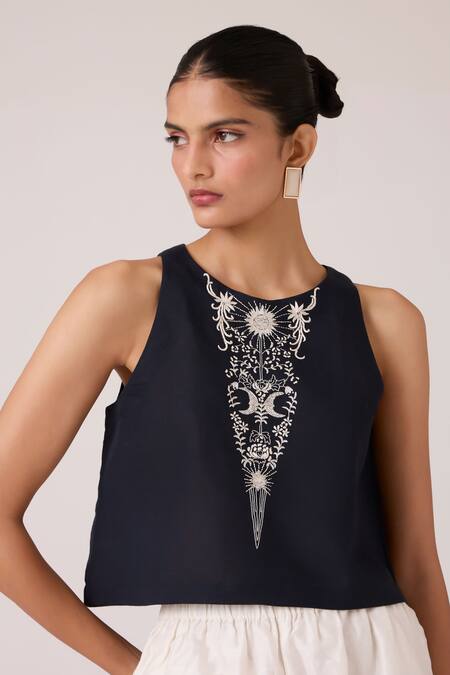 Buy The Summer House Black Linen, Cotton Embroidery Round Neck Evora Top Online at Aza Fashions Buy_The Summer House_Black Linen, Cotton Embroidery Round Neck Evora Top _Online_at_Aza_Fashions