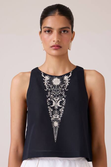 Shop The Summer House Black Linen, Cotton Embroidery Round Neck Evora Top Online at Aza Fashions Shop_The Summer House_Black Linen, Cotton Embroidery Round Neck Evora Top _Online_at_Aza_Fashions