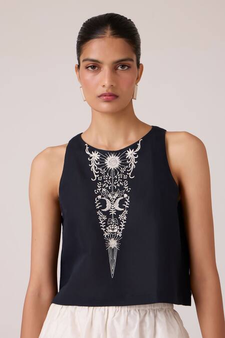Shop The Summer House Black Linen, Cotton Embroidery Round Neck Evora Top Shop_The Summer House_Black Linen, Cotton Embroidery Round Neck Evora Top