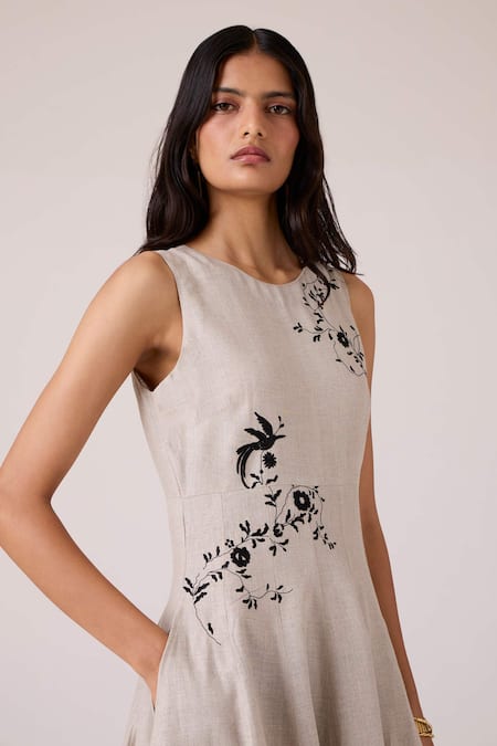 The Summer House Beige Linen Embroidery Round Neck Helios Dress Online at Aza Fashions The Summer House_Beige Linen Embroidery Round Neck Helios Dress _Online_at_Aza_Fashions