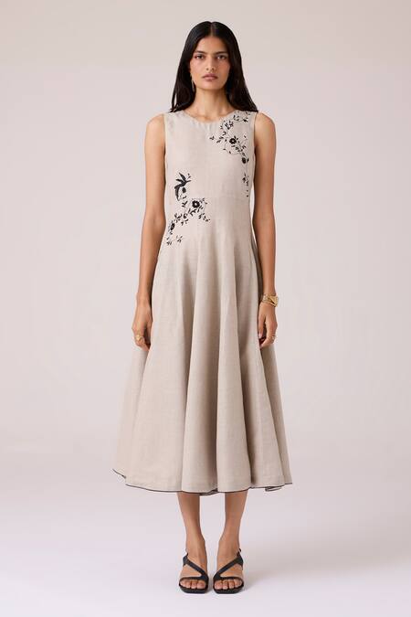 Buy The Summer House Beige Linen Embroidery Round Neck Helios Dress Online at Aza Fashions Buy_The Summer House_Beige Linen Embroidery Round Neck Helios Dress _Online_at_Aza_Fashions