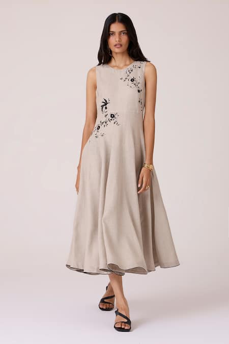 The Summer House Beige Linen Embroidery Round Neck Helios Dress 