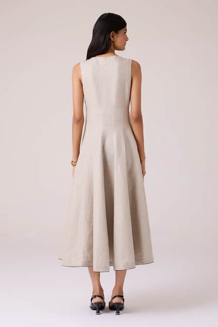 Shop The Summer House Beige Linen Embroidery Round Neck Helios Dress at Aza Fashions Shop_The Summer House_Beige Linen Embroidery Round Neck Helios Dress _at_Aza_Fashions