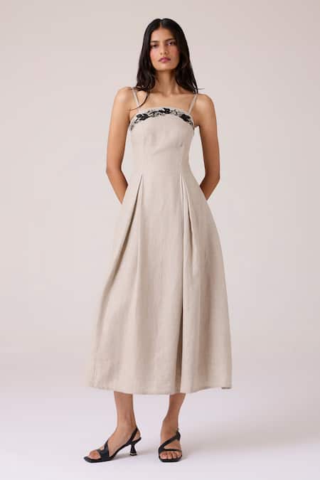 The Summer House Beige Linen Embroidery Bandeau Neck Suhjan Dress 