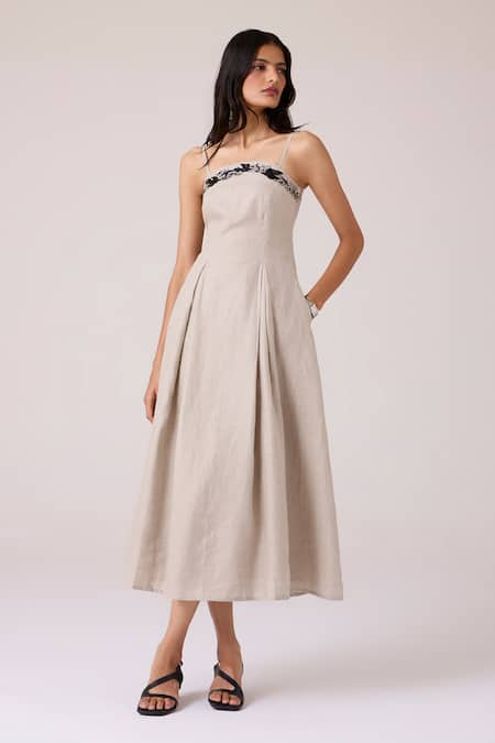 Buy The Summer House Beige Linen Embroidery Square Neck Suhjan Dress Online at Aza Fashions Buy_The Summer House_Beige Linen Embroidery Square Neck Suhjan Dress _Online_at_Aza_Fashions