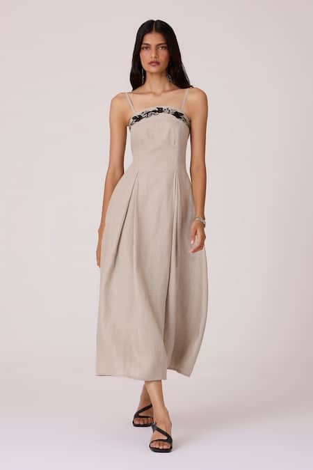 Shop The Summer House Beige Linen Embroidery Square Neck Suhjan Dress Online at Aza Fashions Shop_The Summer House_Beige Linen Embroidery Square Neck Suhjan Dress _Online_at_Aza_Fashions