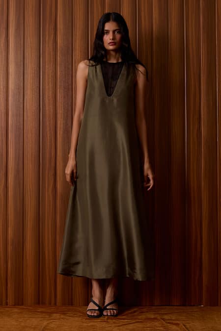 The Summer House Olive Green Silk, Chanderi V-neck Velyra Dress 