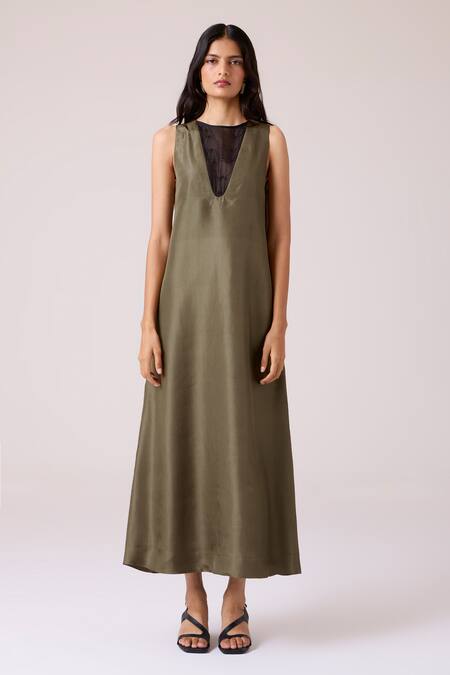 The Summer House_Olive Green Silk, Chanderi V-neck Velyra Dress _Online_at_Aza_Fashions