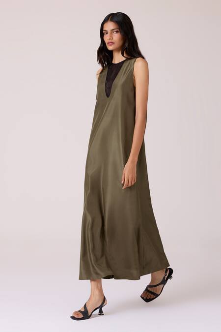 Buy_The Summer House_Olive Green Silk, Chanderi V-neck Velyra Dress _Online_at_Aza_Fashions