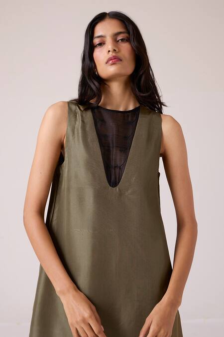 Shop_The Summer House_Olive Green Silk, Chanderi V-neck Velyra Dress _Online_at_Aza_Fashions