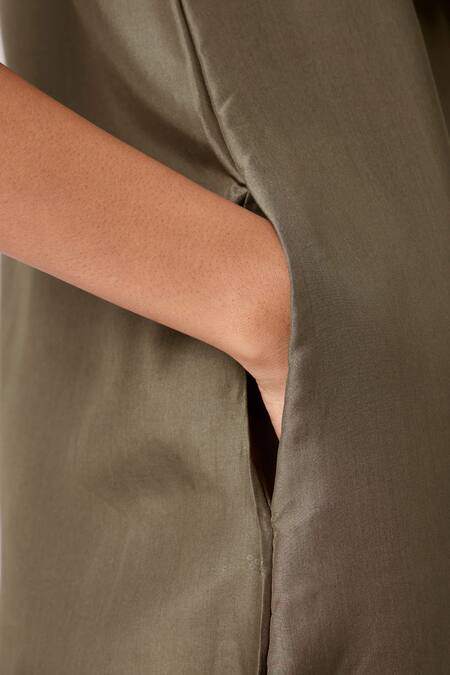 Buy_The Summer House_Olive Green Silk, Chanderi V-neck Velyra Dress 