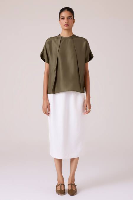 The Summer House_Olive Green Silk Round Neck Pam Top _Online_at_Aza_Fashions