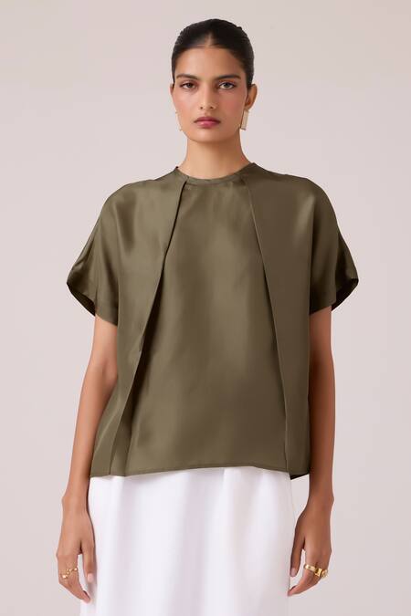 Buy_The Summer House_Olive Green Silk Round Neck Pam Top _Online_at_Aza_Fashions